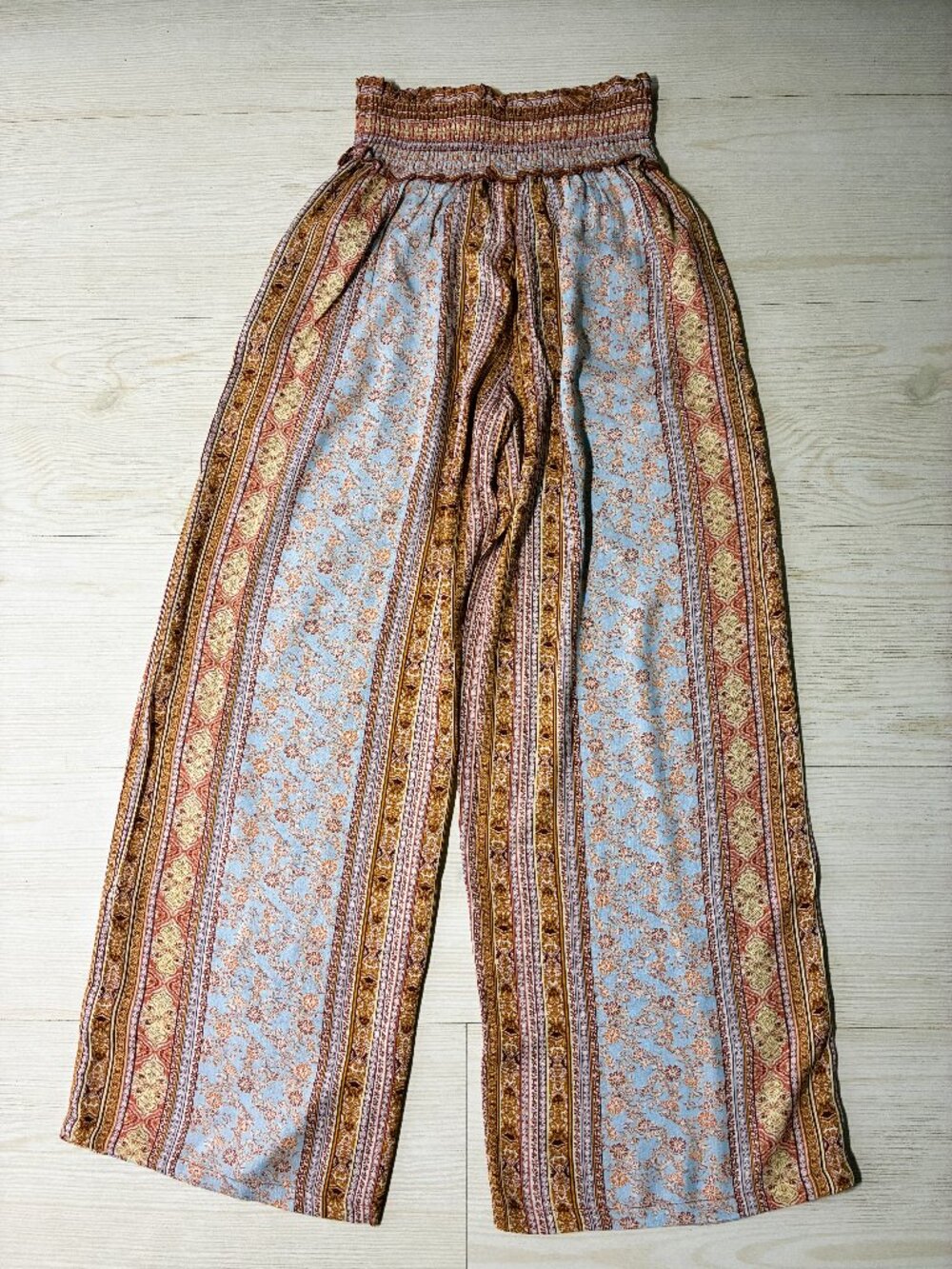 Kingston Grey BOHO Junior Printed Smocked-Waist WideLeg Blue Rust Pant Size XS